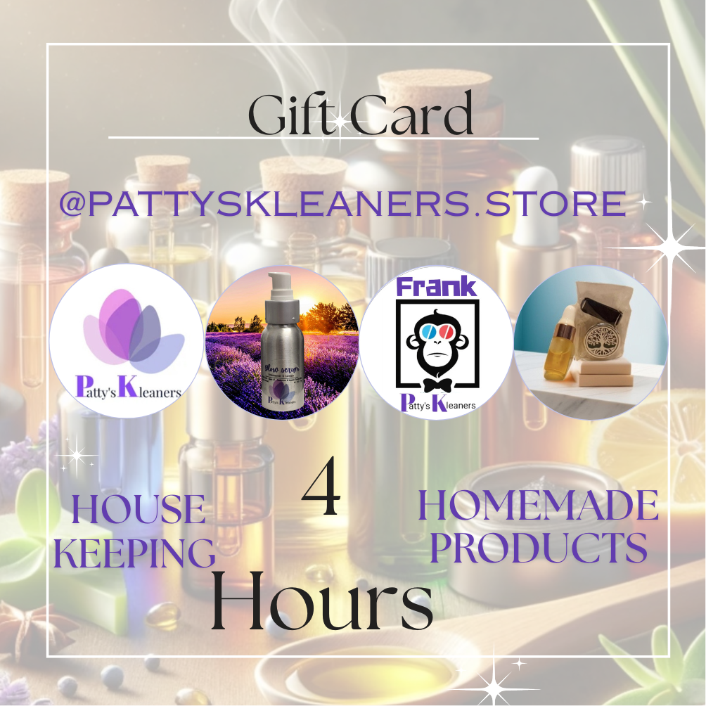 Promotional image for Patty's kleaners with product images and text overlay.