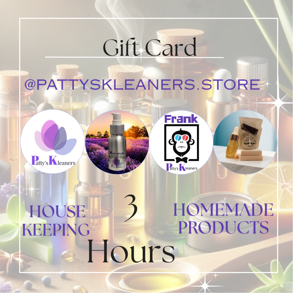 Promotional image for Patty's kleaners with product icons and text overlay.