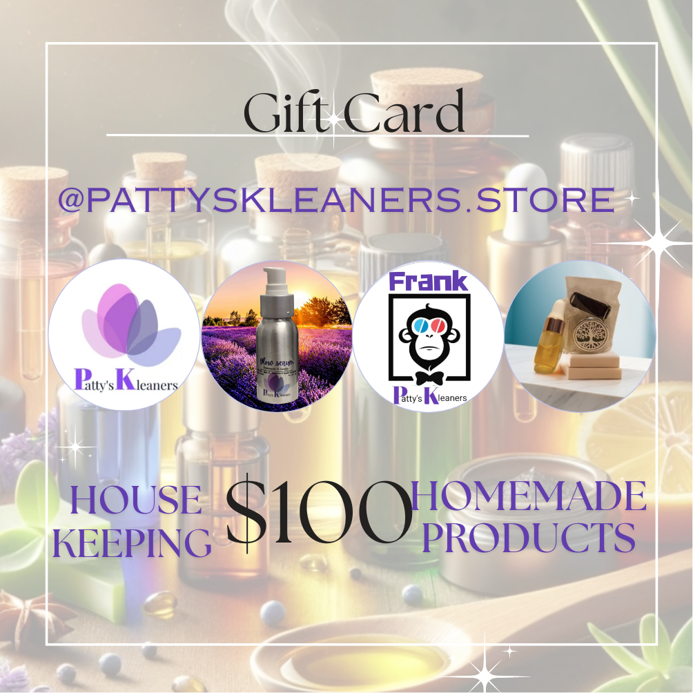 Promotional image for Patty's kleaners gift card with product images and branding.