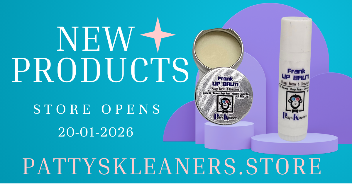 Promotional banner for new products with lip balm containers on a blue and purple background. With 2 Lip Balm designs. Caters to all.