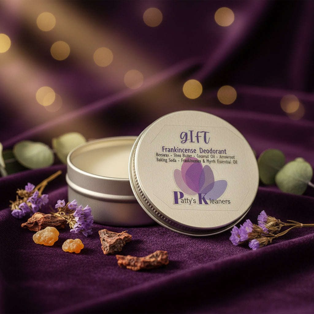 Deodorant tin with lid open on a purple background