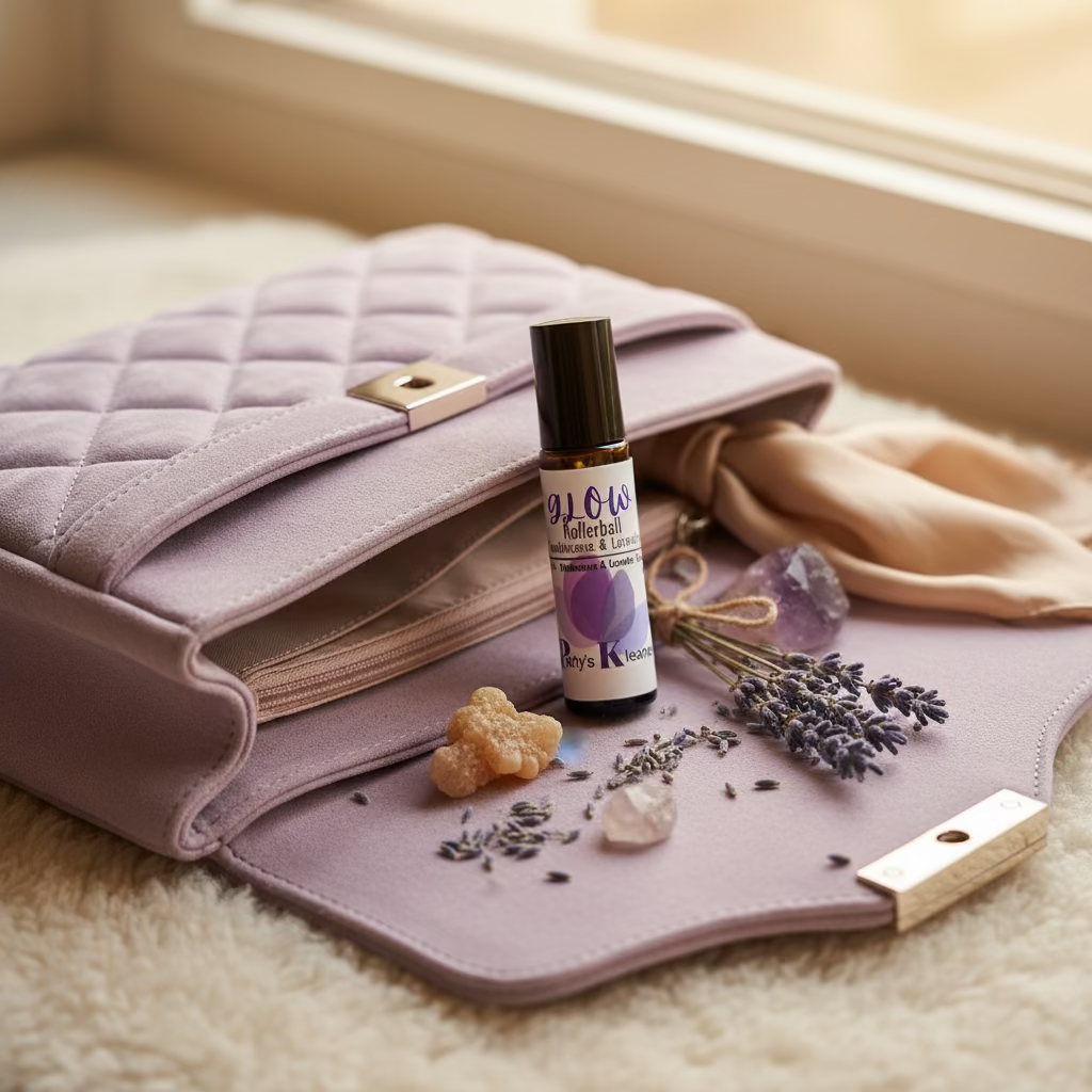 Amber rollerball bottle with frankincense and lavender on a pink handag