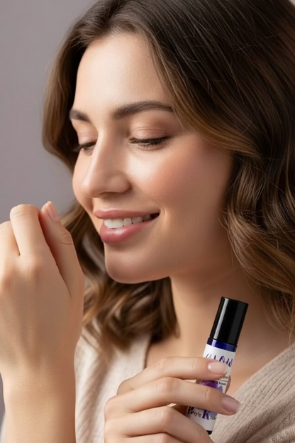 Woman applying a skincare product to her wrist with a focus on the product bottle.